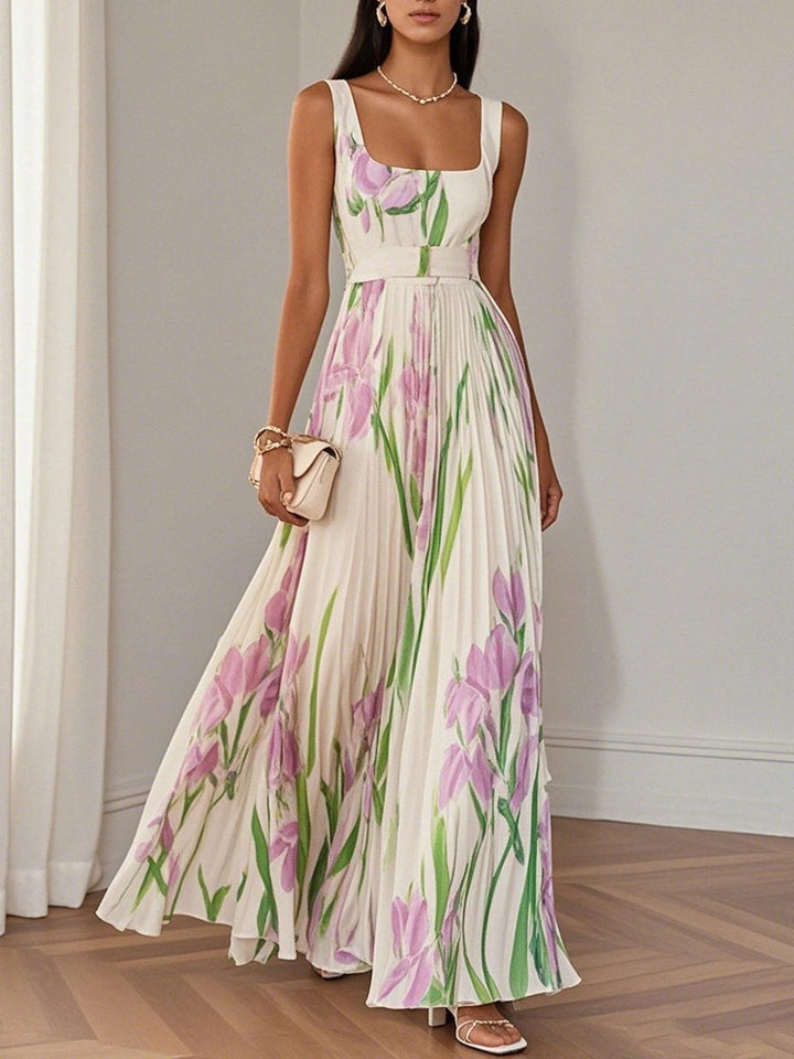 Karen - Elegantes Chiffon-Maxikleid mit Blumenprint in A-Line-Silhouette