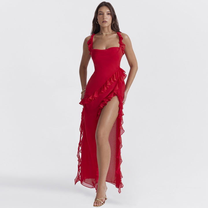 Rüschen-Maxikleid mit hohem Beinschlitz