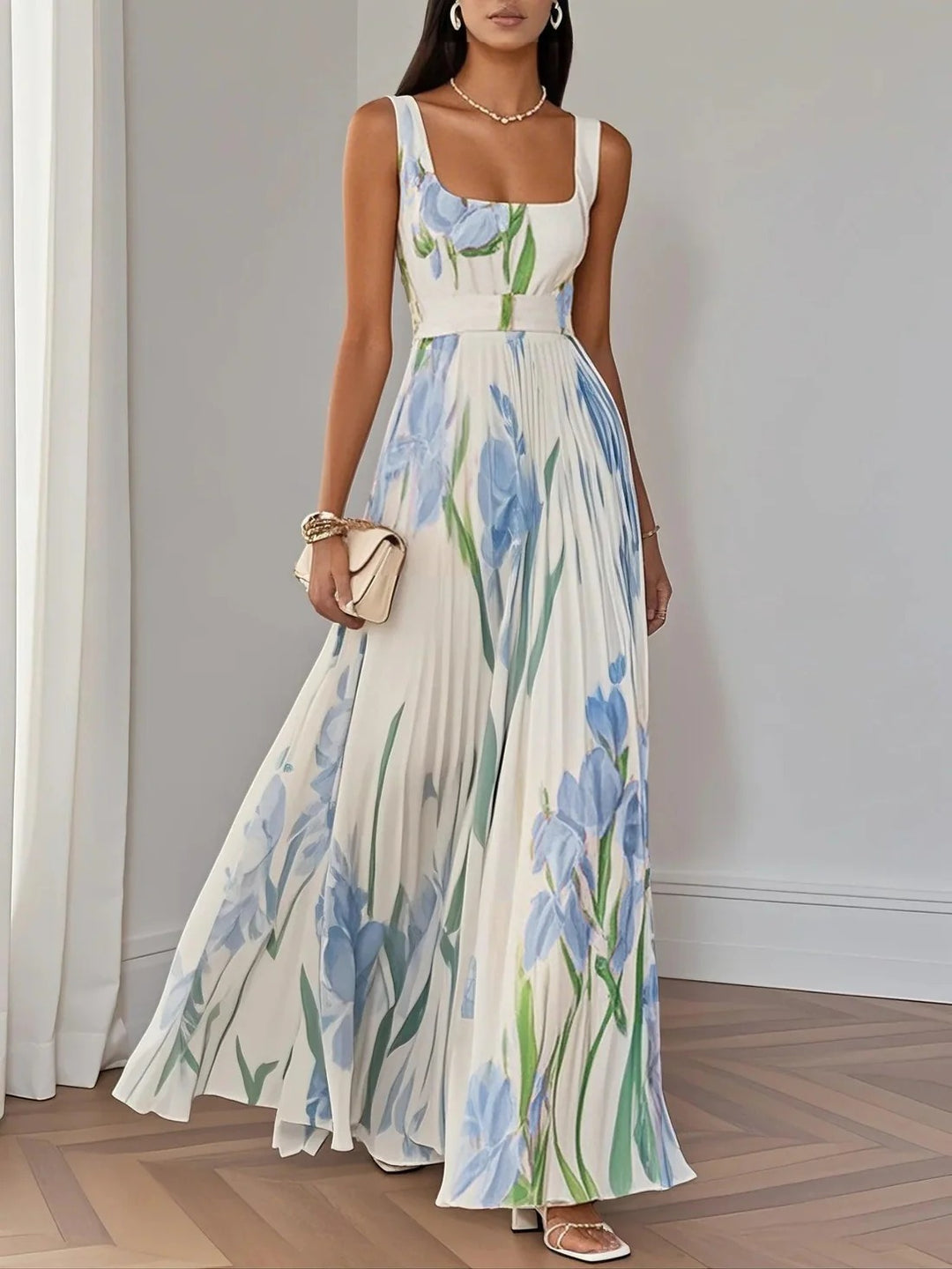 Karen - Elegantes Chiffon-Maxikleid mit Blumenprint in A-Line-Silhouette