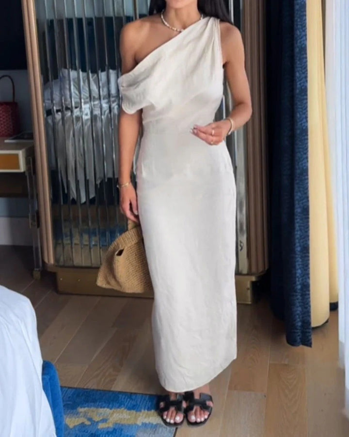 Amelia - Elegantes Baumwoll-Leinen-Kleid mit Schulterschräge